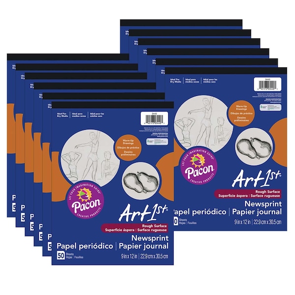 Art1st Newsprint Pad, White, 9in x 12in, 50 Sheets/Pad, PK12